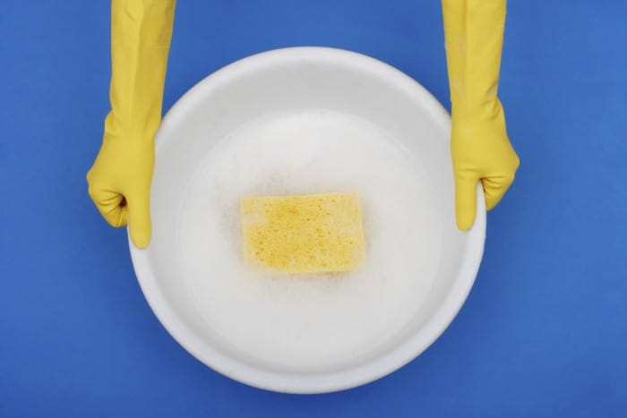 Hands wearing rubber gloves, Holding plastic bowl