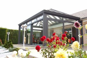 Glazed extension with black frame and glass panes