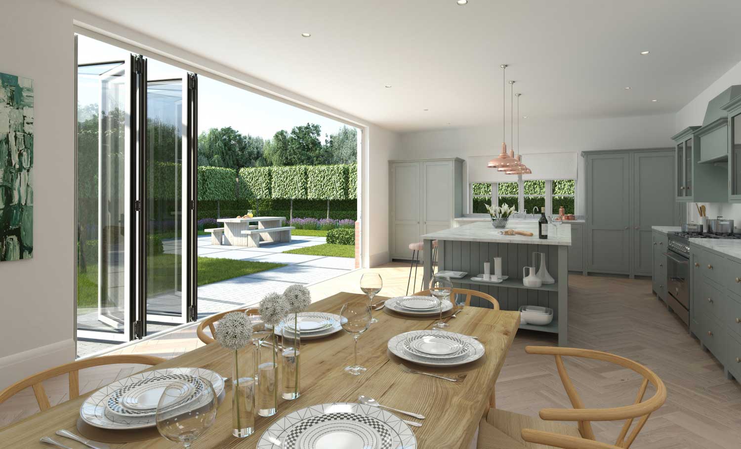 dining room with aluminium bifold doors Leeds